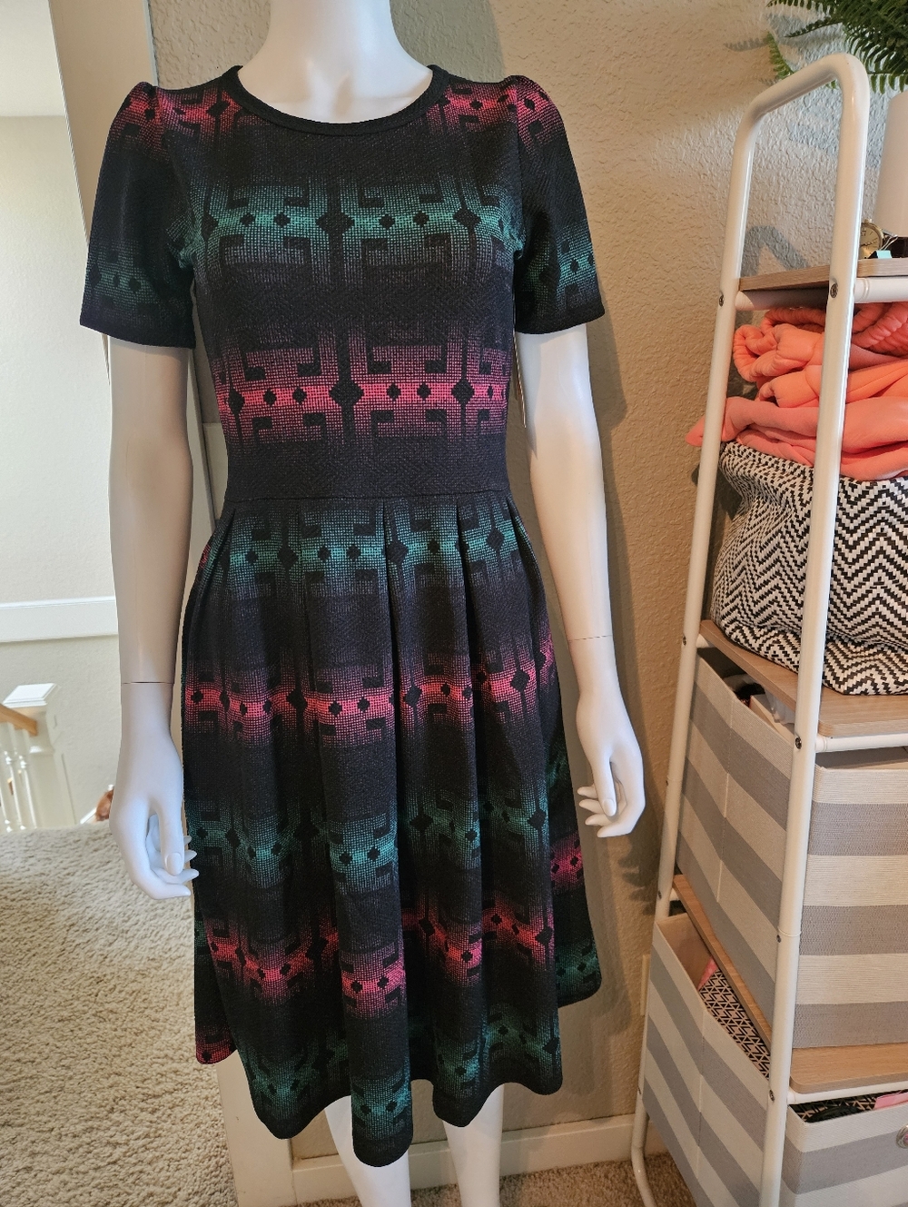 LuLaRoe Amelia Dress with Pink & Teal Geometric Ombre And Back Zipper NWT